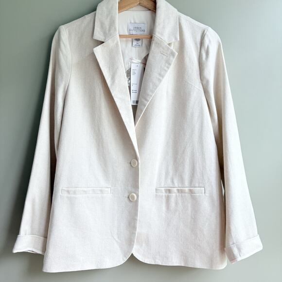 URBAN OUTFITTERS Size S Cream Linen Herringbone Blazer Jacket Neutral Minimalist - Picture 1 of 15